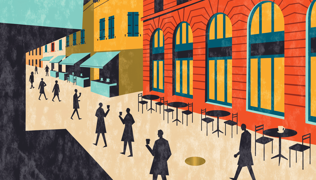 Illustration of a pedestrian street lined with café stalls and outdoor tables, silhouette figures with coffee cups, a stone department-store facade alongside.