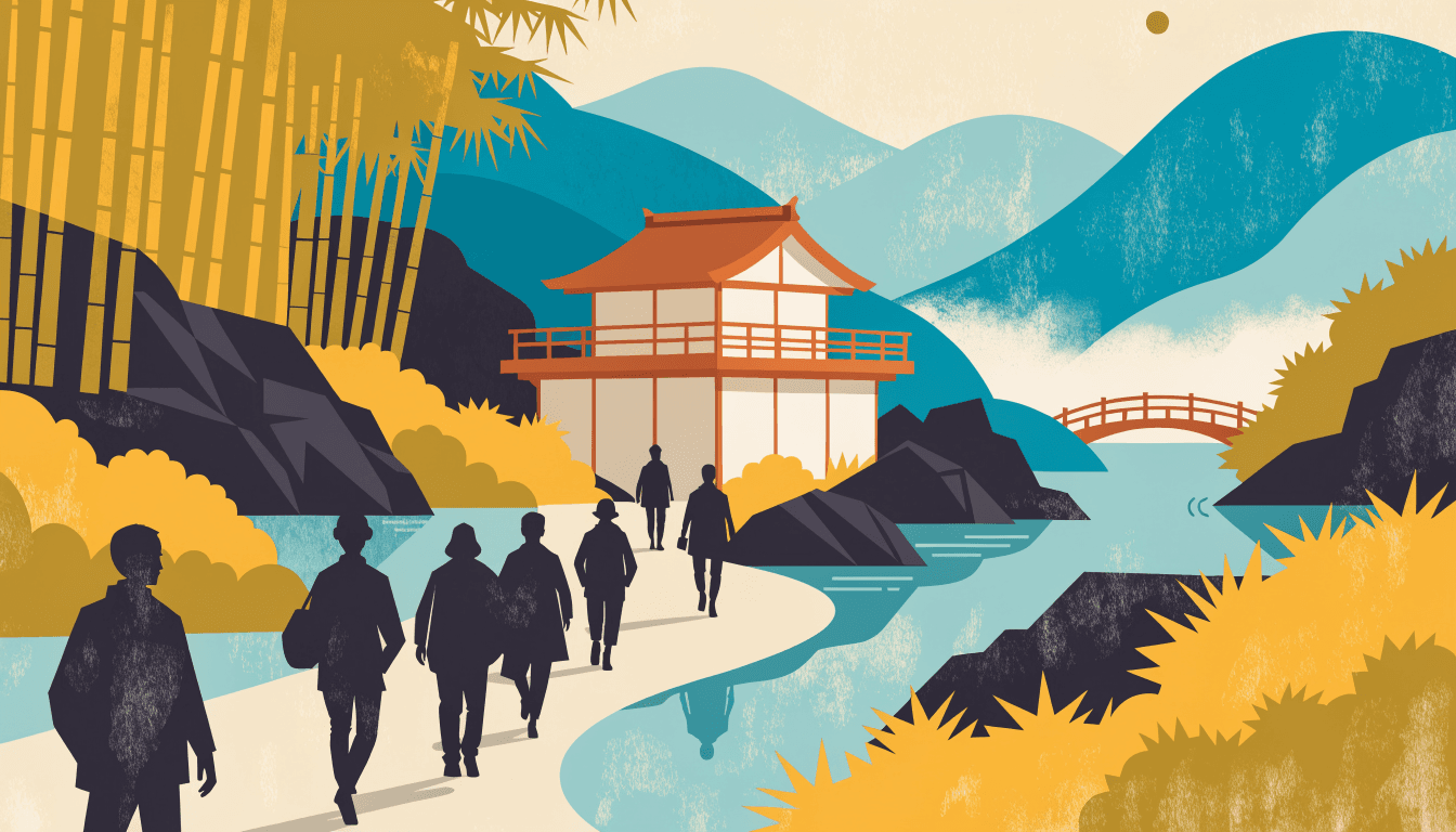 Editorial illustration of a small two-storey timber gallery beside a bamboo grove and river in Kyoto's Arashiyama, with silhouetted visitors walking toward it.