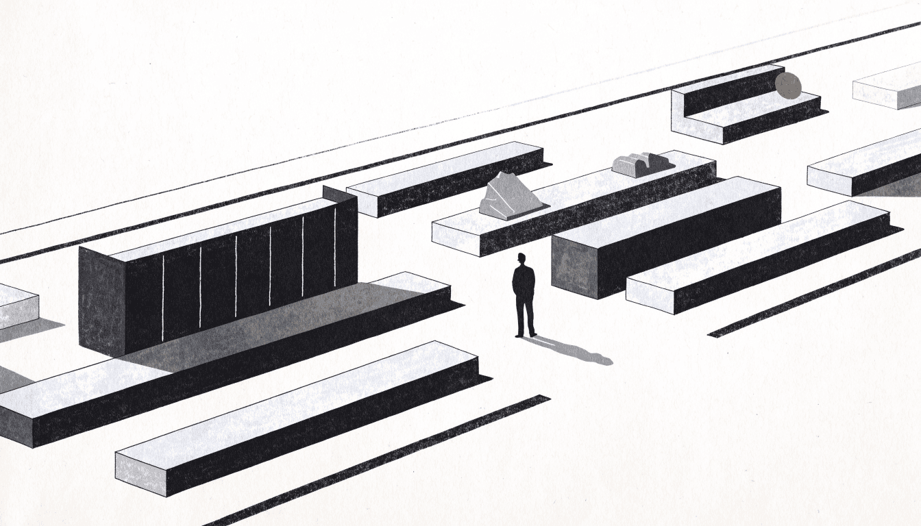 Calm near-monochrome editorial illustration of a department-store experience floor seen from an elevated vantage, low display tables arranged in a layered cross-section, a silhouette staff figure observing, soft overhead light and one small brass-gold accent.