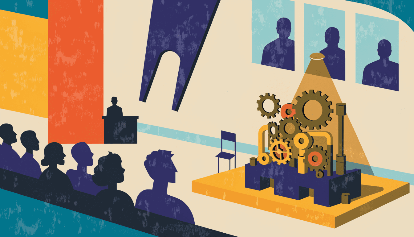 Editorial illustration of a conference-hall gallery space with a large mechanical sculpture under spotlight, a small audience seated in silhouette.