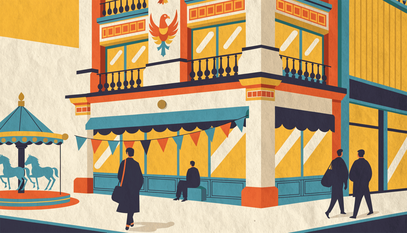 Warm flat-vector editorial illustration of an ornate department-store corner entrance on a tree-lined boulevard at dusk, a small carousel silhouette beside it and a stylised phoenix-bird motif overhead, two anonymous silhouette figures strolling past, warm cream, petrol-teal and terracotta palette, no text, no logos.