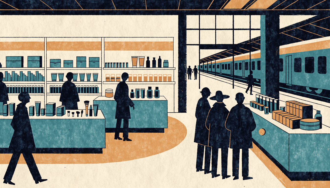 Warm flat-vector editorial illustration of a bright department-store beauty floor with cosmetics counters and silhouette shoppers near a glass entrance that faces a train-station concourse, cream, terracotta and ochre palette with one small brass-gold accent.
