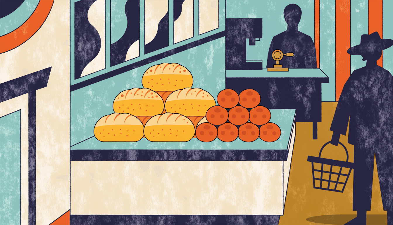 Illustration of a department-store basement food hall: golden melon bread and chestnut pastries stacked on a counter, a silhouette shopper with a basket, warm overhead lighting and a glimpse of a coffee counter behind.