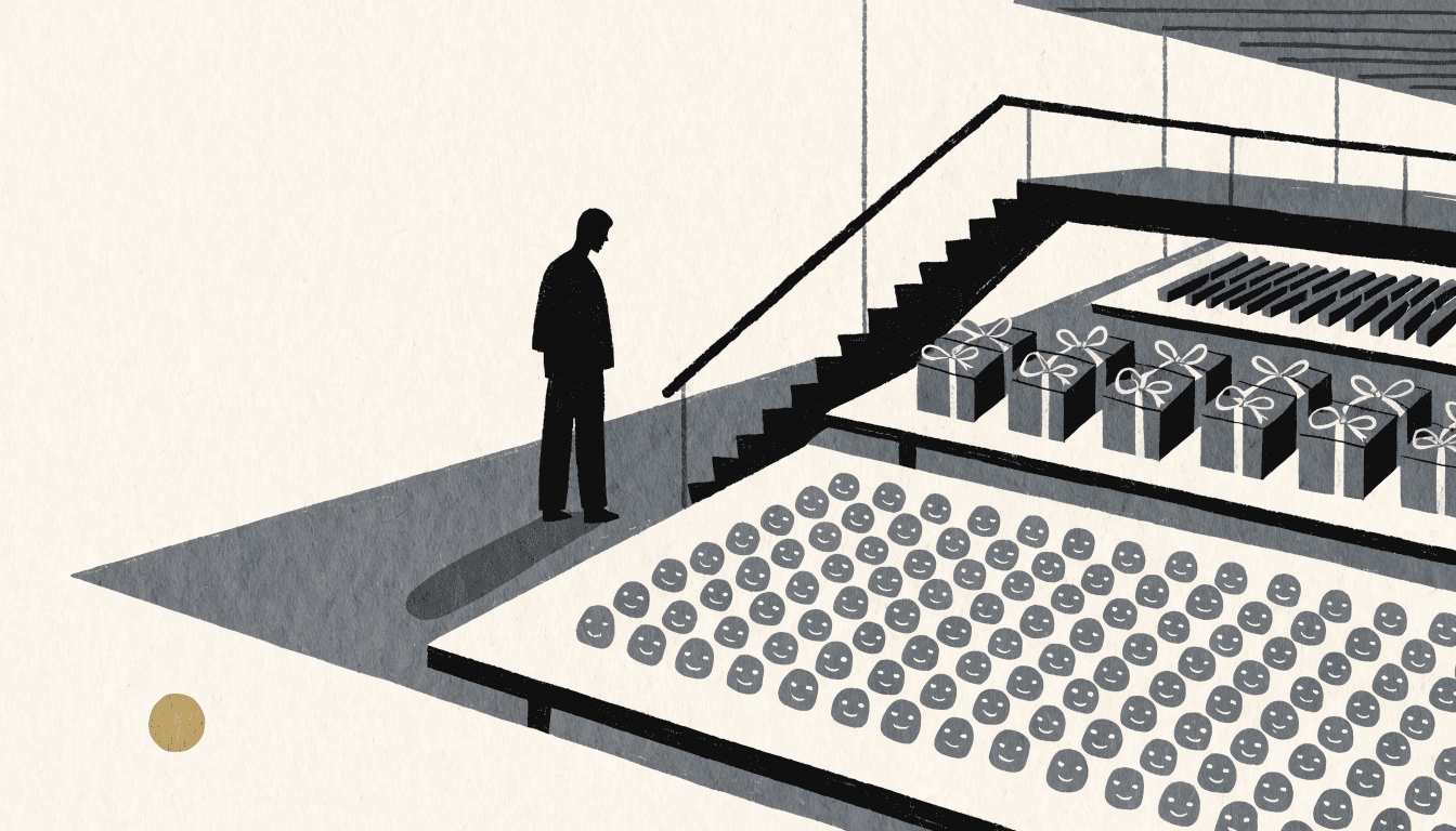 Calm near-monochrome illustration of a department store pop-up display with rows of small character-themed merchandise and gift boxes, one silhouette shopper browsing.