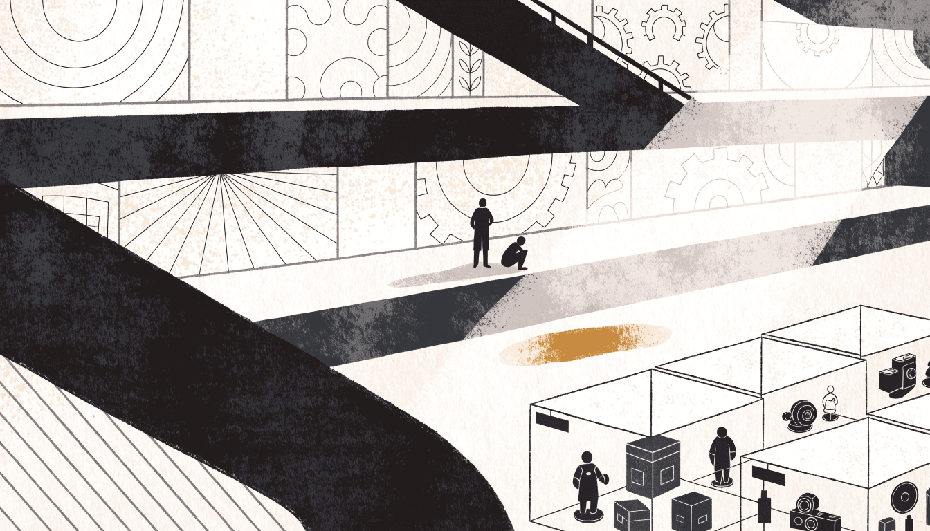 Illustration of a dim exhibition hall with theatrical lighting, silhouette visitors looking at display panels and cases, a spotlight beam through haze.