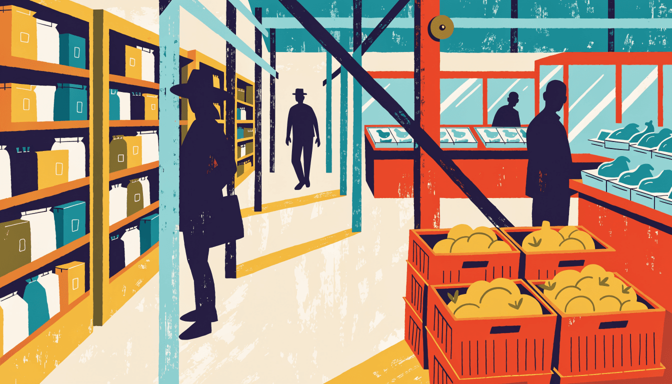 Illustration of a department-store basement food hall under renovation, with grocery shelving and crates of produce going in beside deli counters, and anonymous silhouette shoppers.