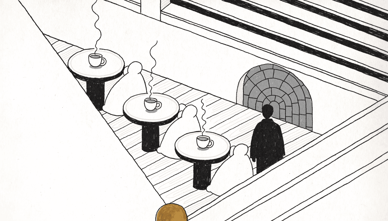 Calm editorial illustration of a hot-spring-style café — a noren curtain, a paper lantern, a counter of pastel drinks and two silhouette customers at a low table.