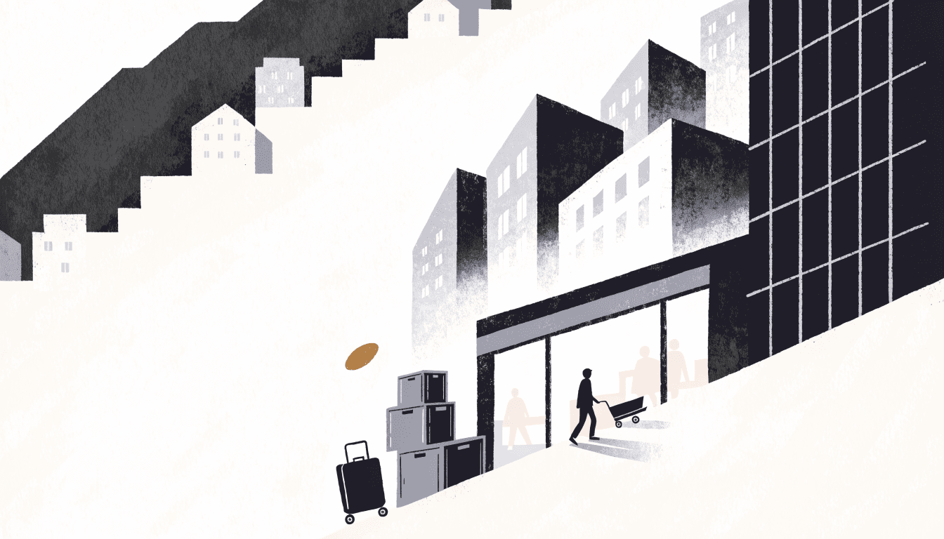 Illustration of a mall entrance glowing at dusk in a Caucasus hillside city, with a silhouetted figure wheeling a trolley of boxes toward the doors.