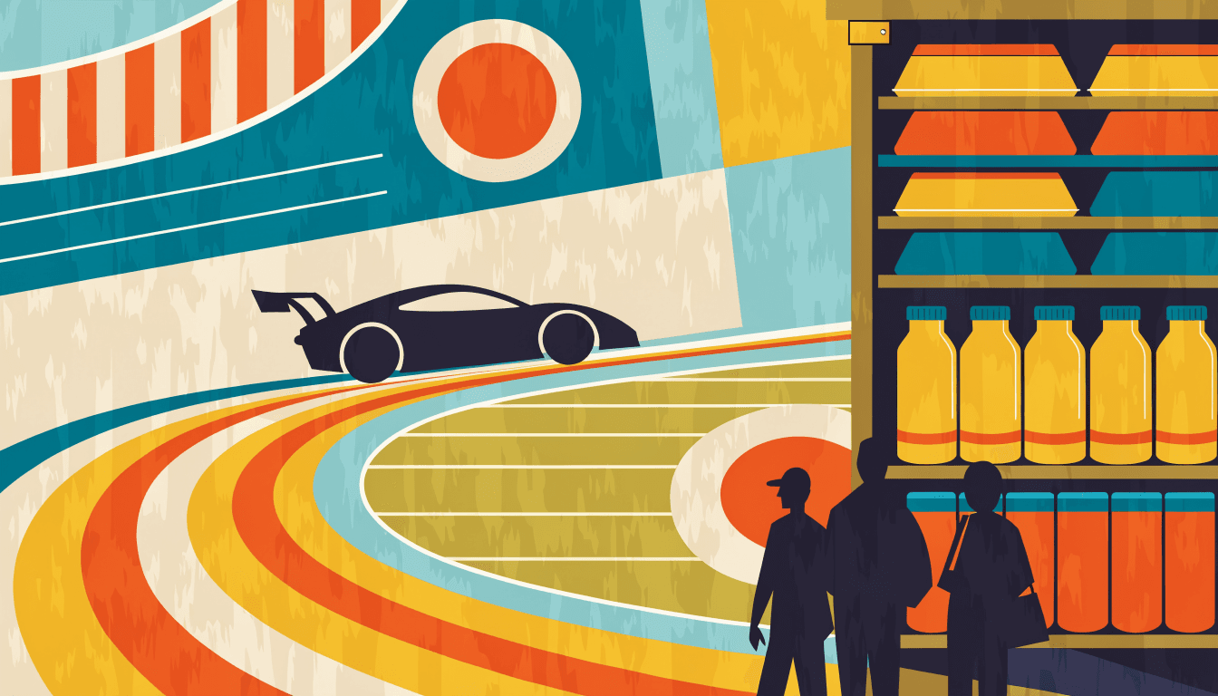 Bold flat-vector editorial illustration of a sleek racing car silhouette streaking across a stylised circuit, with a single 100-yen-store style shelving aisle superimposed at one edge and a small brass-gold accent, no readable text or logos.