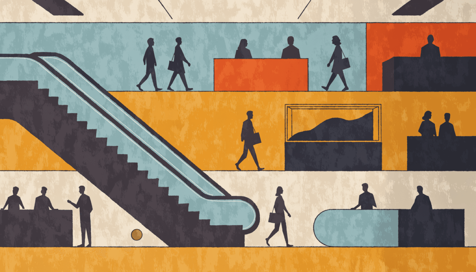 Editorial illustration of stacked department-store floors as horizontal bands, one marked with a gold dot.