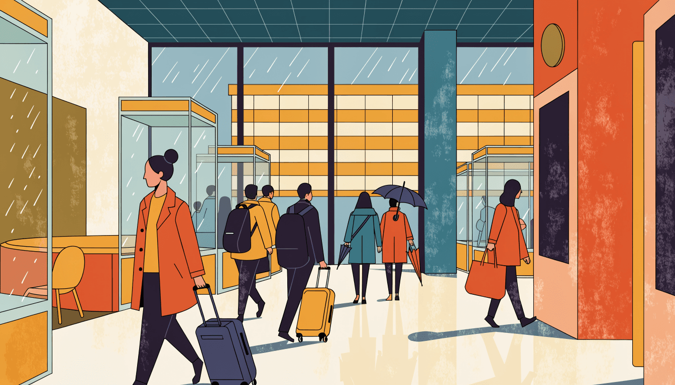 Illustration of shoppers with umbrellas and travellers with suitcases crossing a bright department-store ground floor on a rainy autumn day