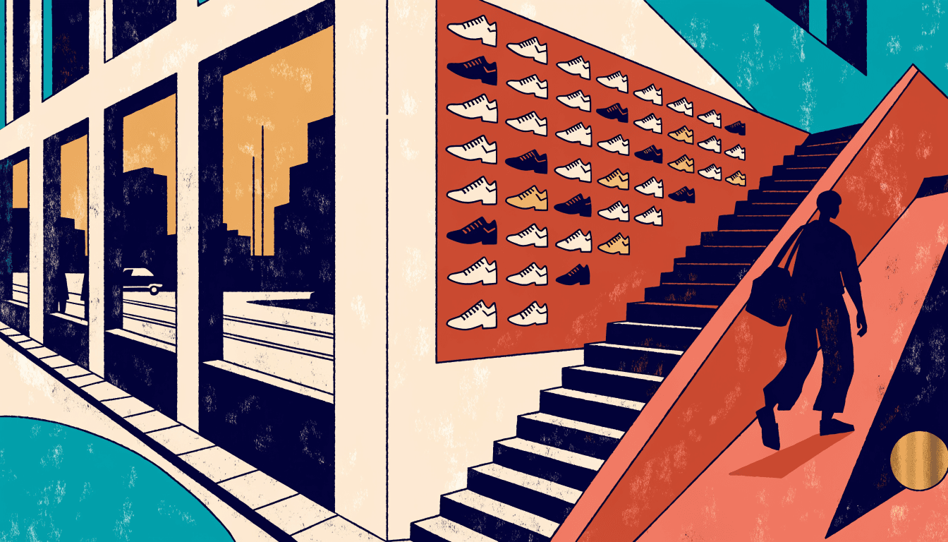 Illustration of a sportswear flagship's shoe wall beside a staircase on a city street corner