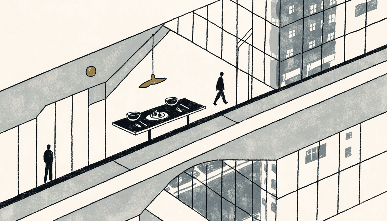 夜の銀座の通りを見下ろす高層階の高級和食店を描いた編集イラスト。低く灯るペンダント照明の下、席に運ばれる会席料理。