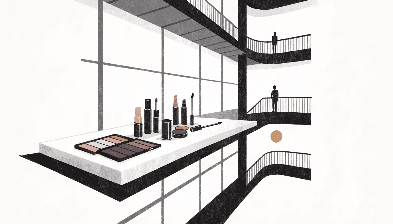 Illustration of a holiday-season beauty counter displaying shimmering make-up palettes and lip products in icy rose, honey and plum tones