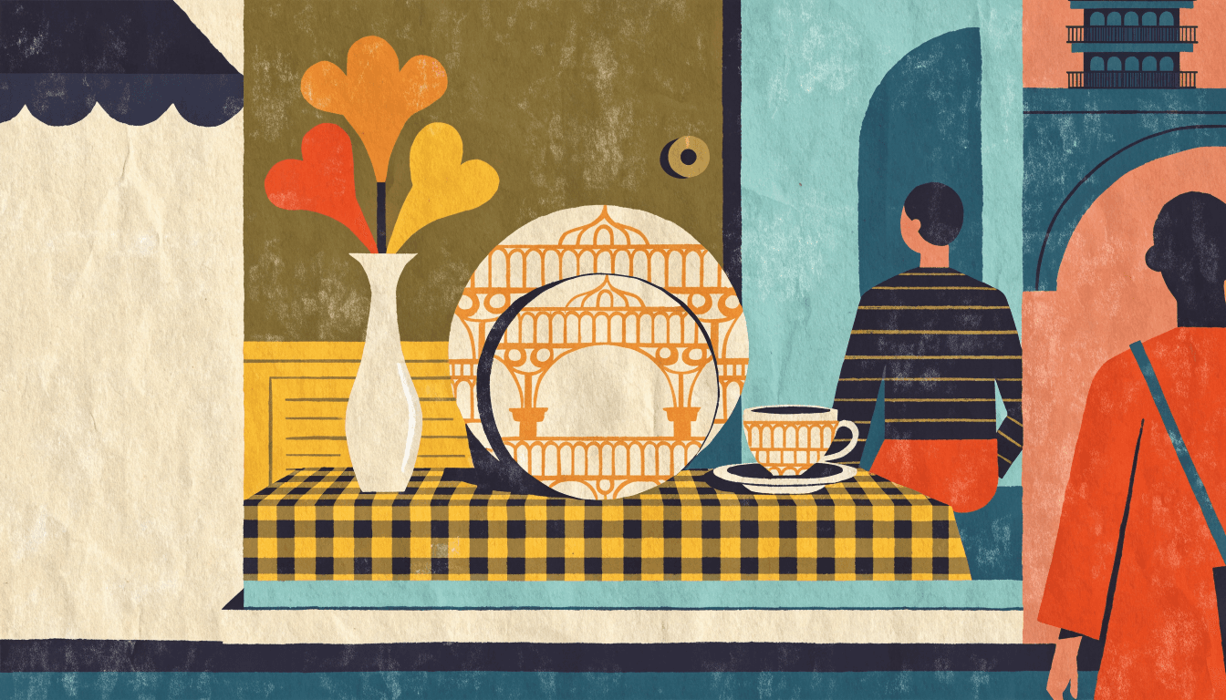 Editorial illustration of fine porcelain tableware with an arabesque balcony-ironwork pattern, arranged for a festive table.