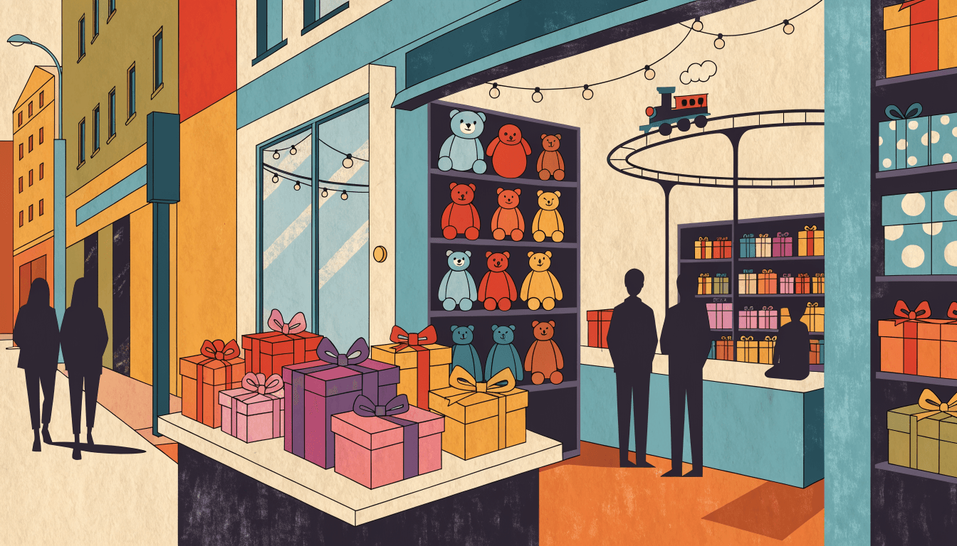 A flat-vector illustration of a colourful toy-and-gift store with a toy train circling overhead, gift boxes and plush toys on shelves, two silhouetted passersby on the street outside.