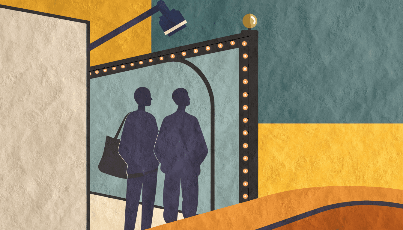 Flat editorial illustration of a self-photo booth with a high-angle camera arm and string lights, two shoppers waiting.