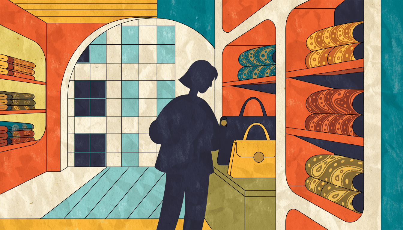 Editorial illustration of a renewed boutique interior with cherry-wood fixtures and curved archways, shelves of folded paisley-patterned textiles, and a silhouette shopper browsing leather handbags.