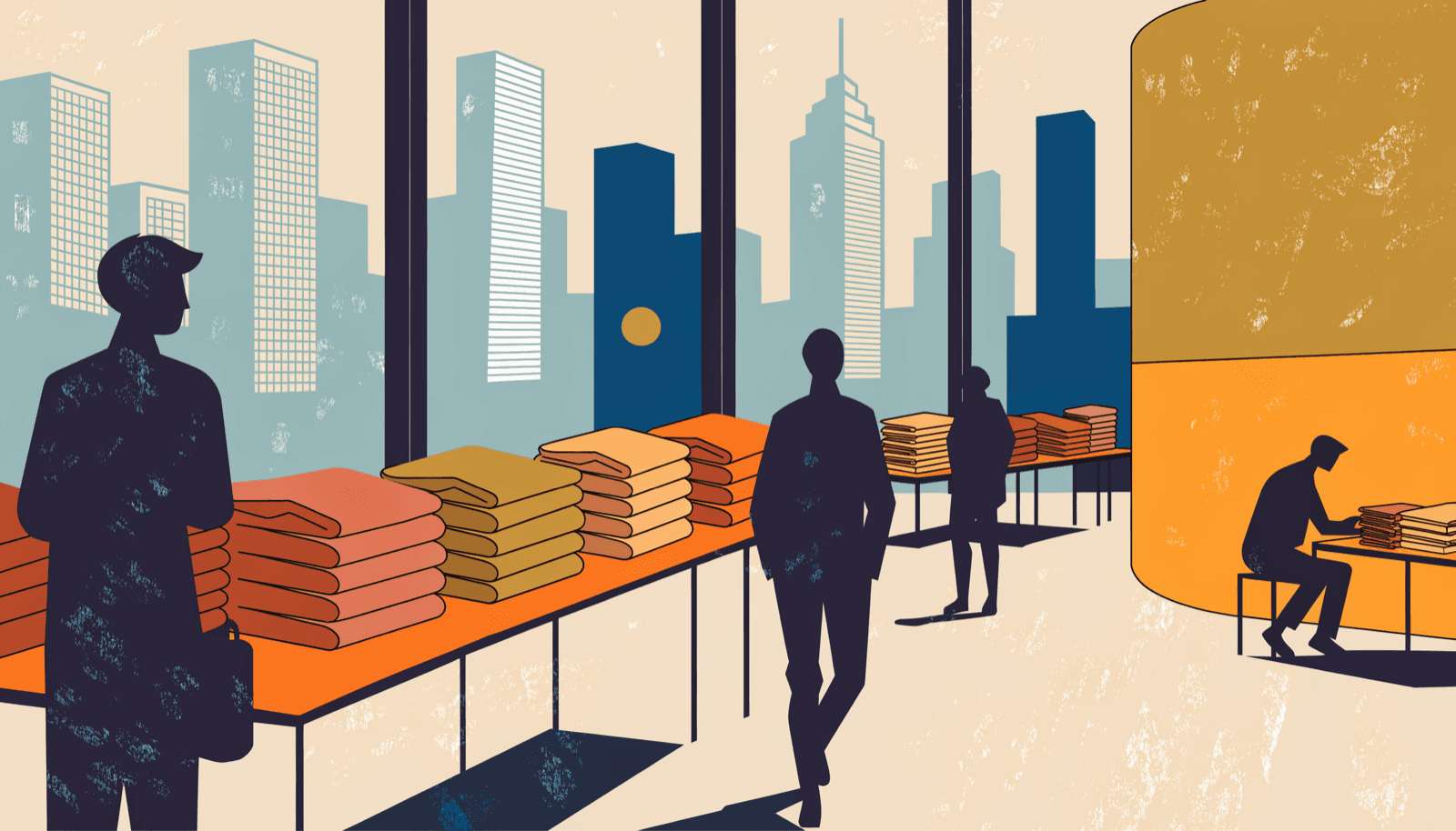A stylised illustration of a vast apparel-retail wall of neatly folded garments receding in perspective to a bright vanishing point.