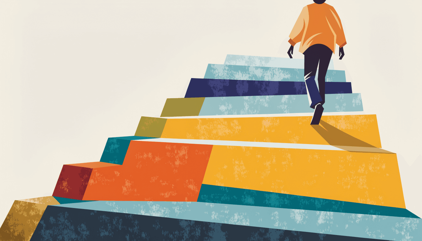 Illustration of a rising staircase made of neatly folded clothing leading up toward a bright horizon
