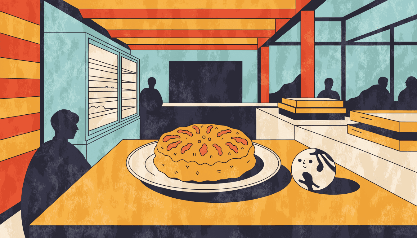 Illustration of a round galette des rois pastry on a ceramic plate with a small handcrafted figurine beside it, on a warm-lit hotel patisserie counter.