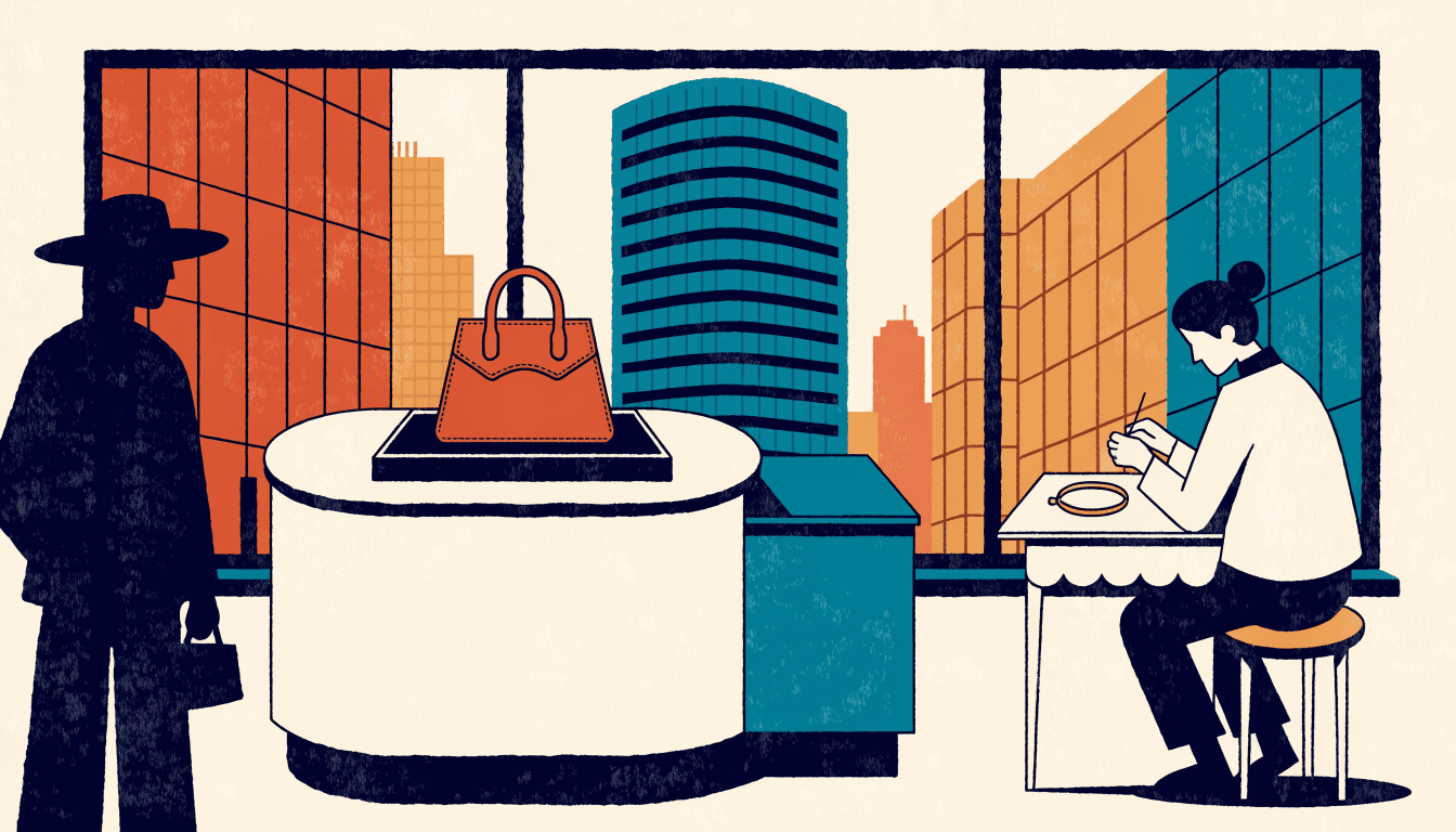 Illustration of a boutique pop-up counter with a leather handbag on display, a craftsperson's hands embroidering a monogram detail at a small worktable.
