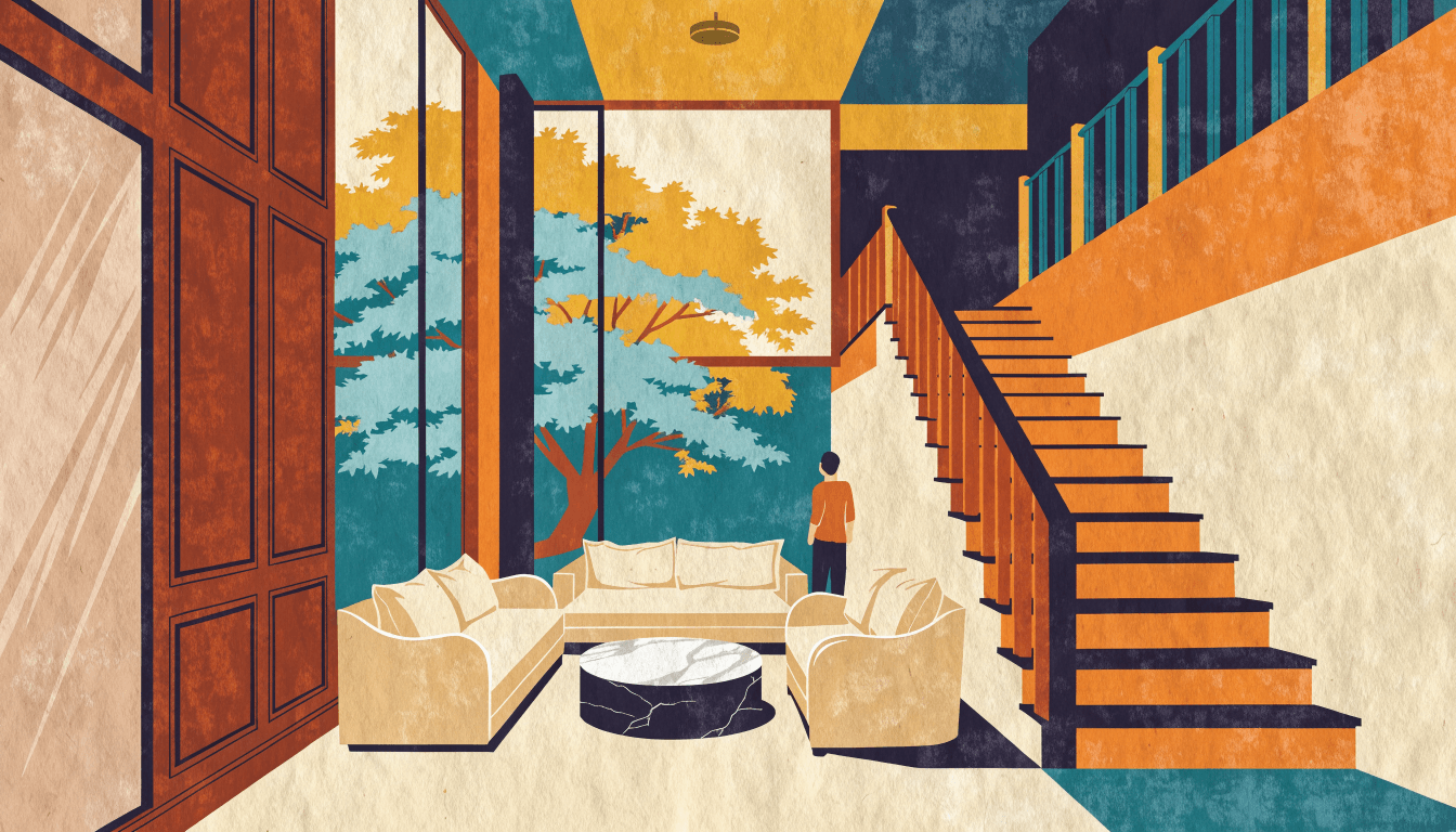Editorial flat-vector illustration of a calm Tokyo townhouse interior wrapped around a central garden, with pale marble surfaces, dark walnut panelling and a single small brass accent catching the light.