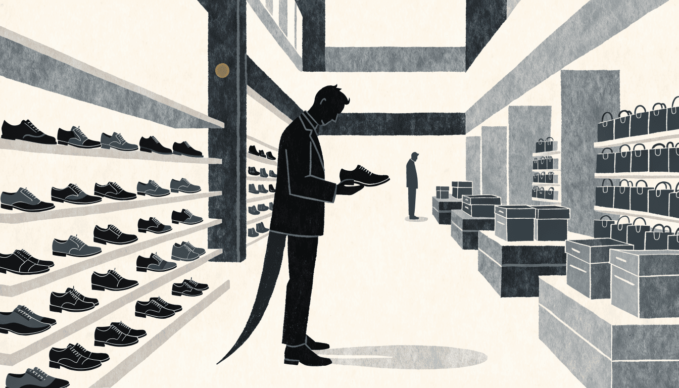 Illustration of a menswear shop floor with shoes and leather goods displayed inside a men's-only department store