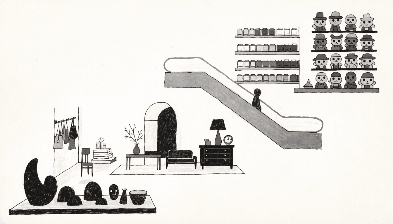 Illustration of a department store's cross-section: refined furnishings on a lower floor, colourful character-goods shelves on an upper floor, linked by an escalator.