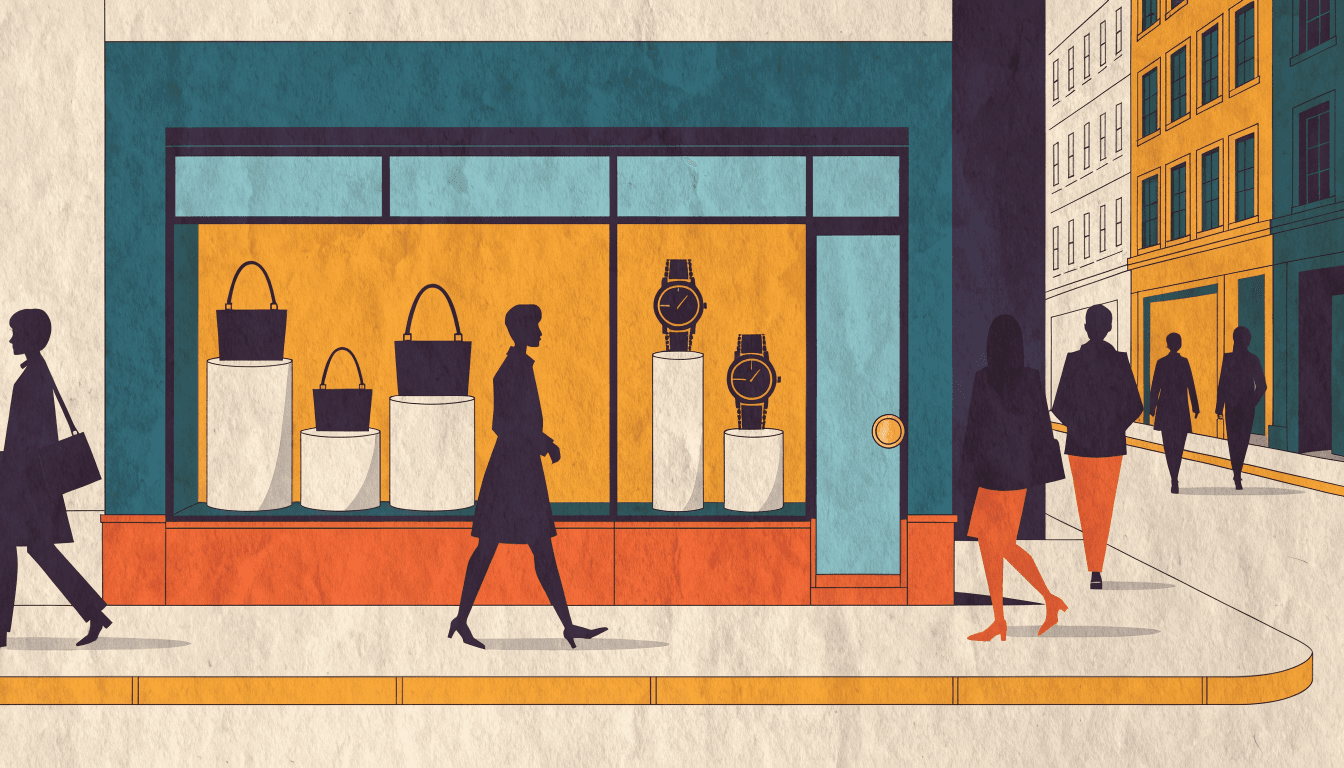 Illustration of a renovated upscale resale boutique storefront on a Ginza street, with luxury handbags and watches in the window