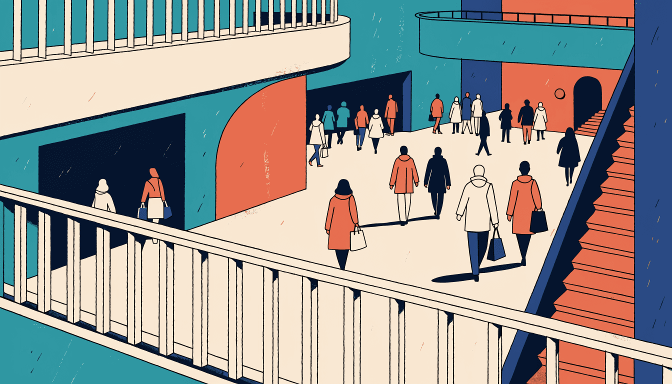 Illustration of a shopping centre floor plan overlaid with visitor flow lines and data points