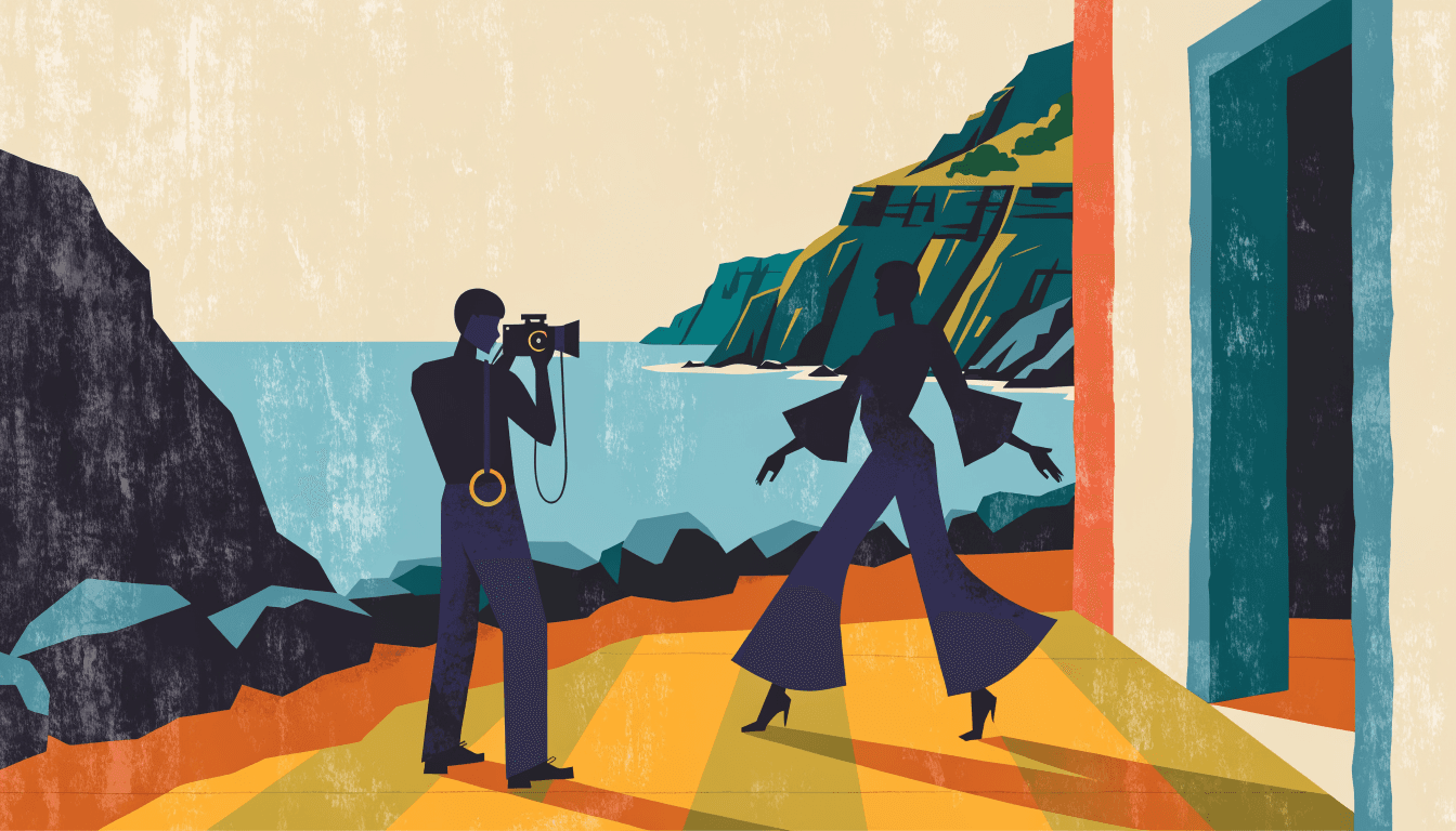 Editorial illustration of a fashion campaign shoot on a sun-lit coastal terrace, a photographer capturing a model in motion against sea cliffs.