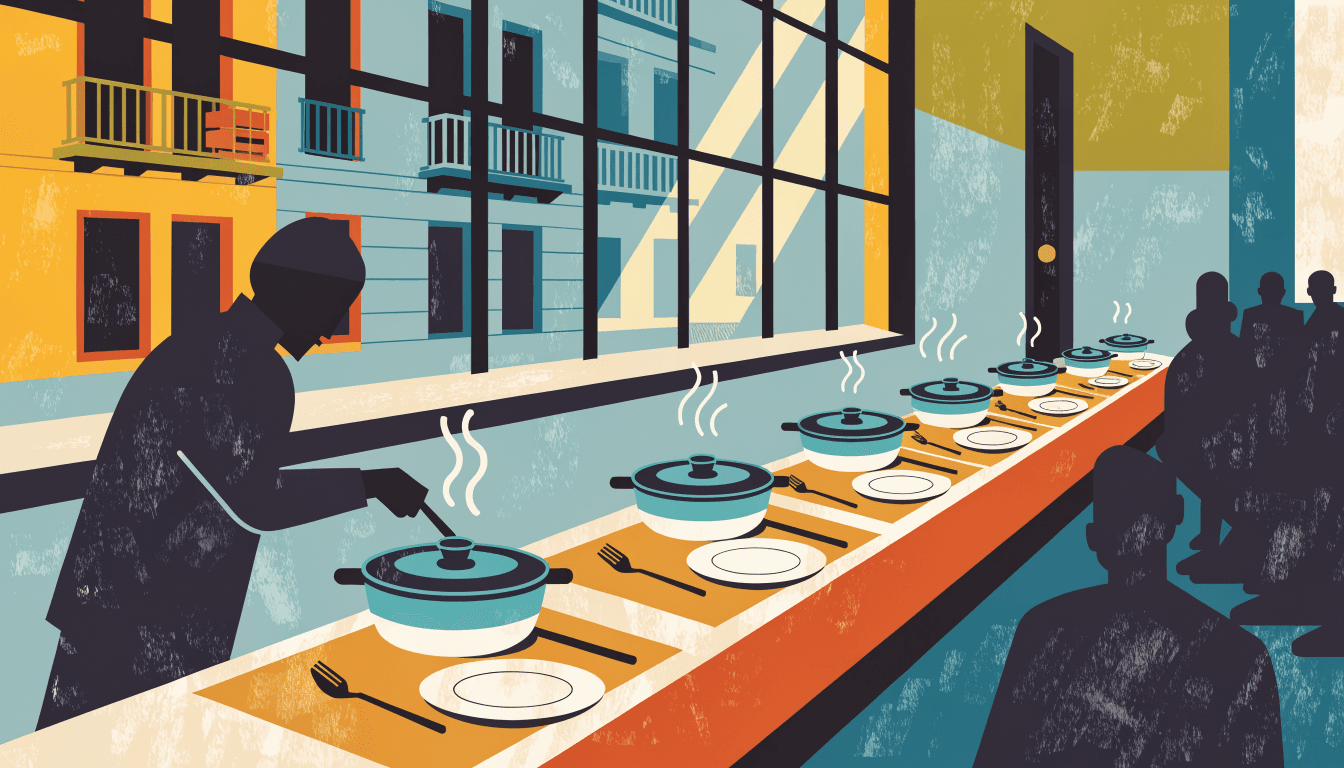 Illustration of a long restaurant counter set with a row of individual lidded pots, a chef in silhouette tending the nearest one, and a sunlit window onto a city street behind