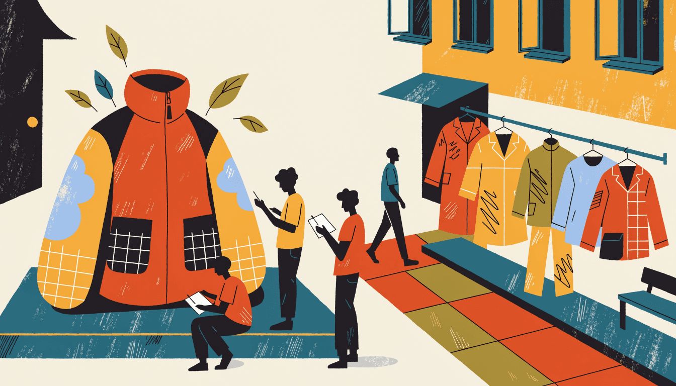 Illustration of students sketching beside an oversized jacket installation, with a rail of garments hung outside a gallery