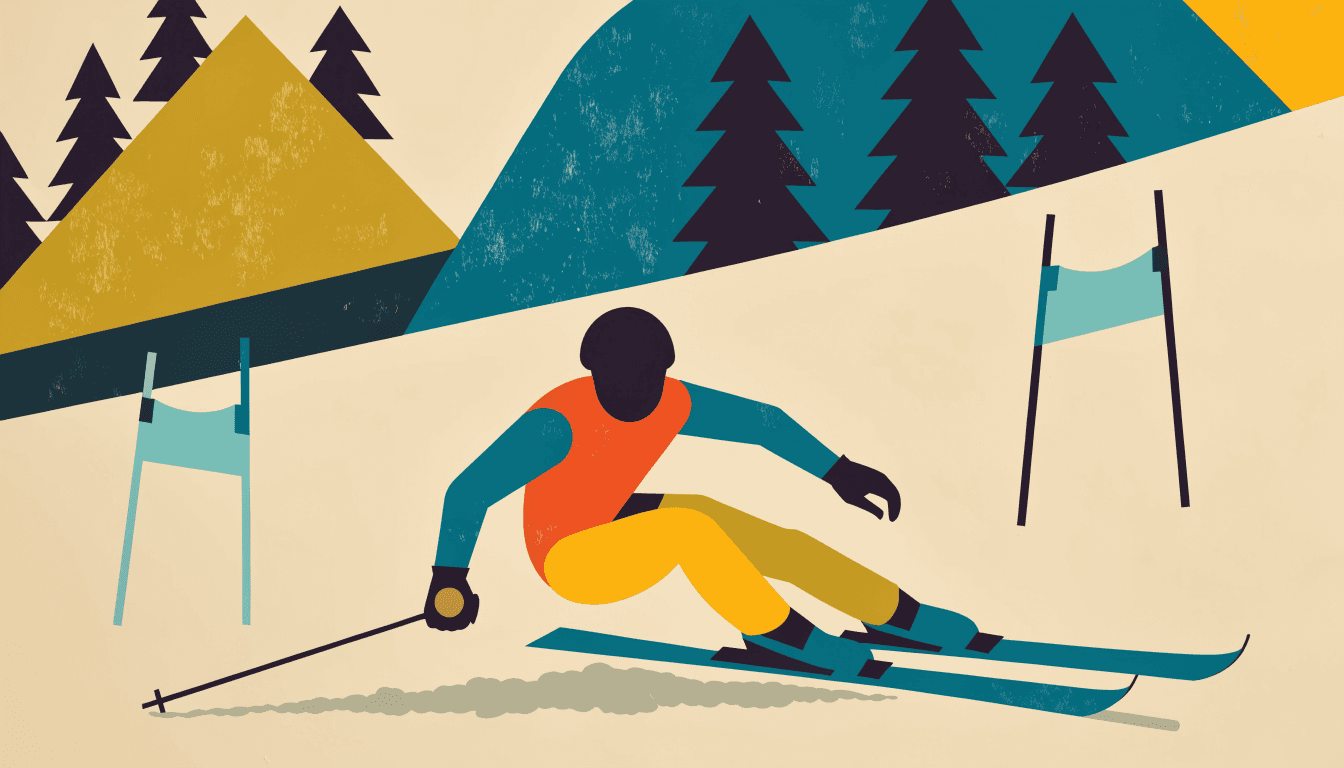 雪上でターンするアルペンスキー選手を描いたフラットイラスト。シンプルなレーシングスーツ姿で、手袋に小さな金色のアクセント。
