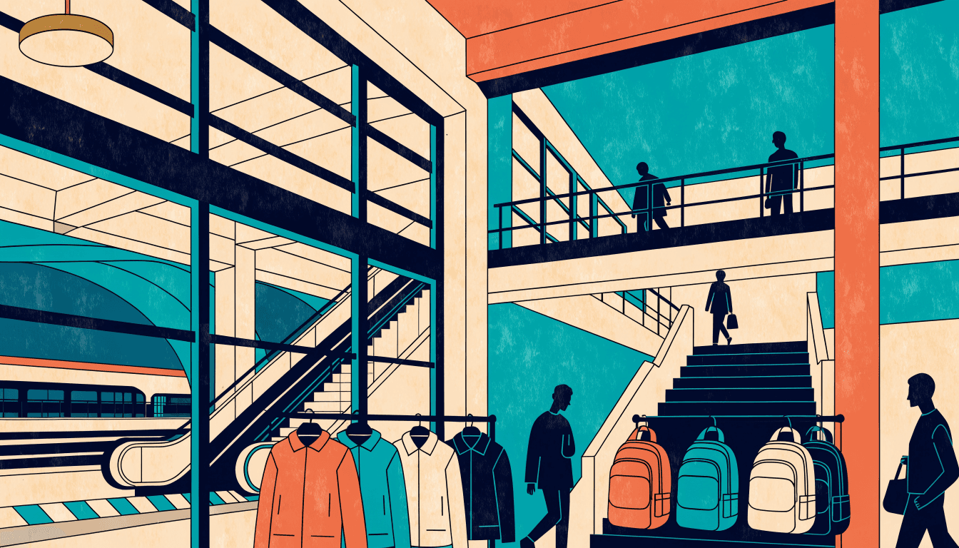 Editorial illustration of a multi-storey outdoor-lifestyle store entrance built directly into a busy train-station complex, with racks of jackets and backpacks, a broad staircase, and anonymous silhouetted shoppers browsing.