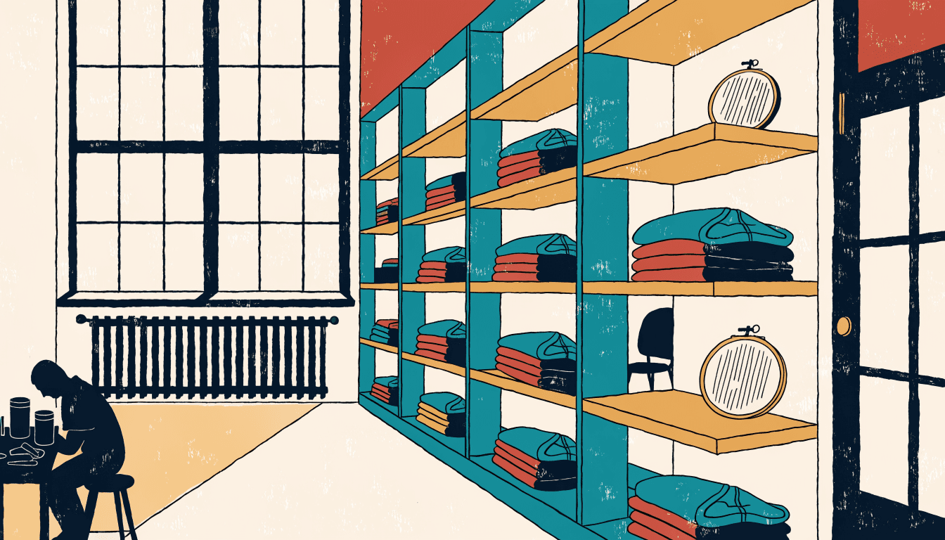 An outdoor-apparel store interior with a small repair workbench, folded technical jackets on open shelving, and a tall factory-style window