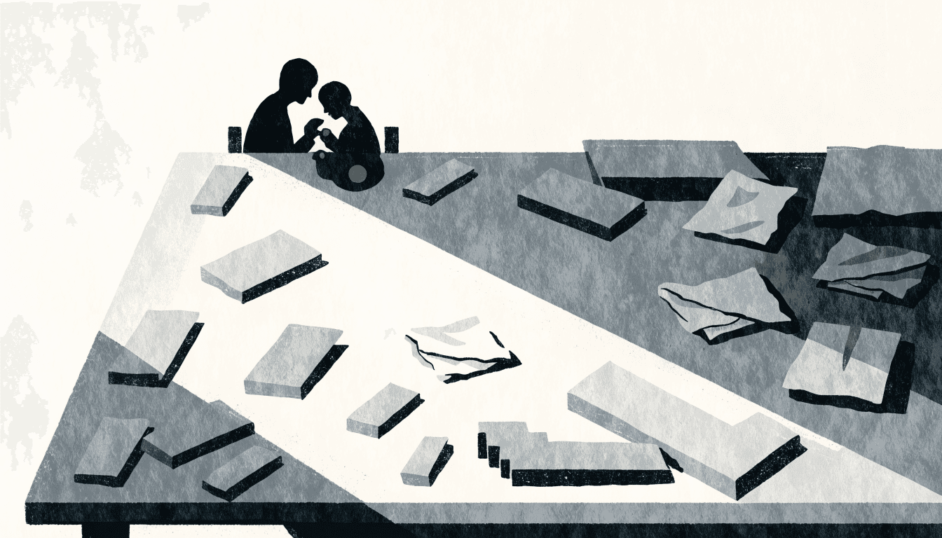 Calm editorial illustration of a sunlit workshop table scattered with small wood and fabric offcuts, a parent-and-child silhouette assembling a tiny figure together.