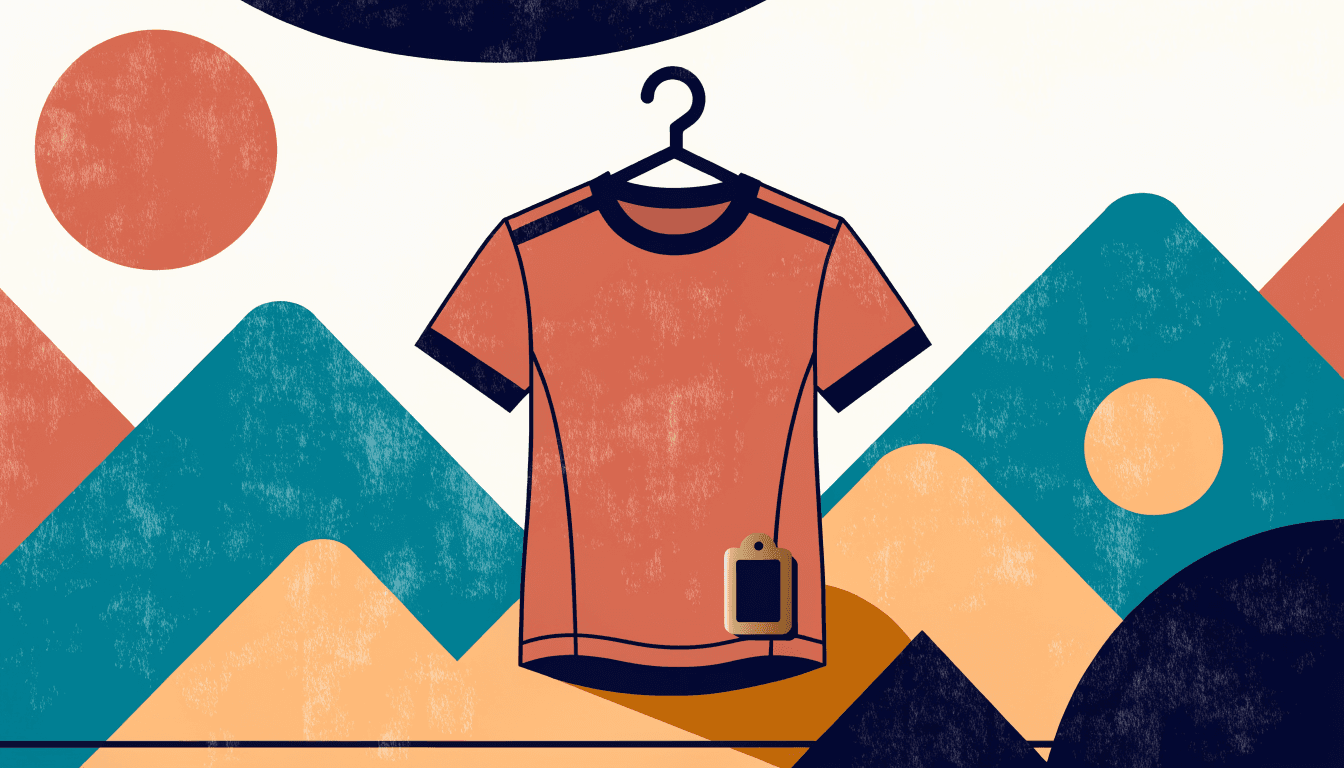 Flat vector editorial illustration of a runner's T-shirt on a hanger with a small QR-code tag, mountains of Toyama in the background, and one small brass-gold accent.
