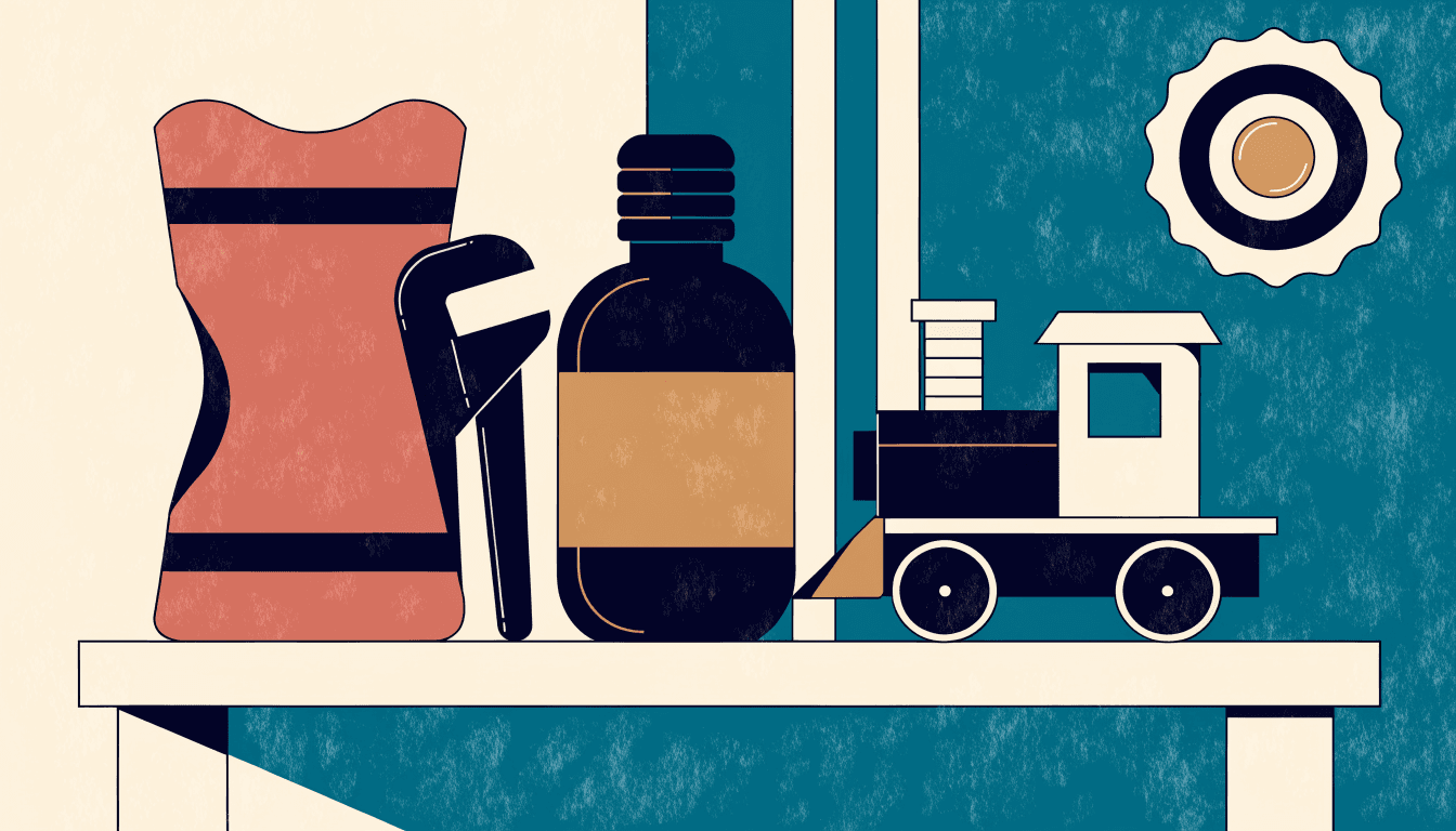 Flat vector editorial illustration of four small retail and design objects arranged on a shelf -- a detergent pouch, a hand tool, a skincare bottle and a toy train -- with a circular Good Design-style award seal motif and one small brass-gold accent.