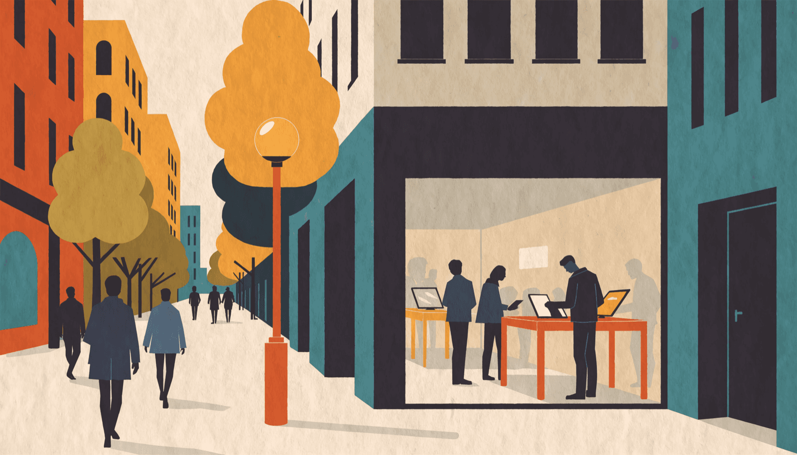 A stylised editorial illustration of a glass-fronted flagship building along a tree-lined Omotesando avenue, seen in sharp diagonal perspective.