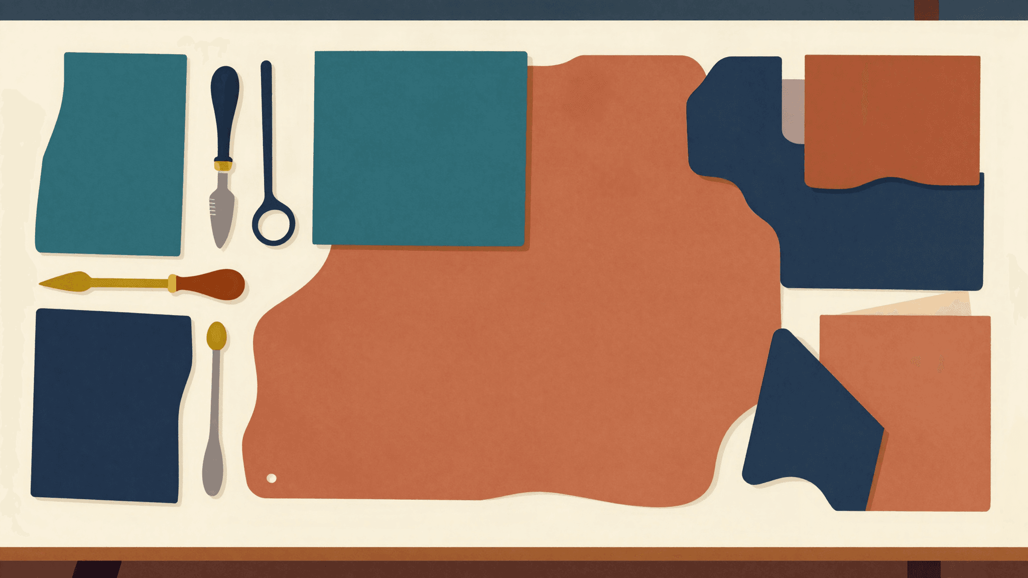 Editorial illustration — a cross-section of a luxury leather-goods atelier workbench seen from above.