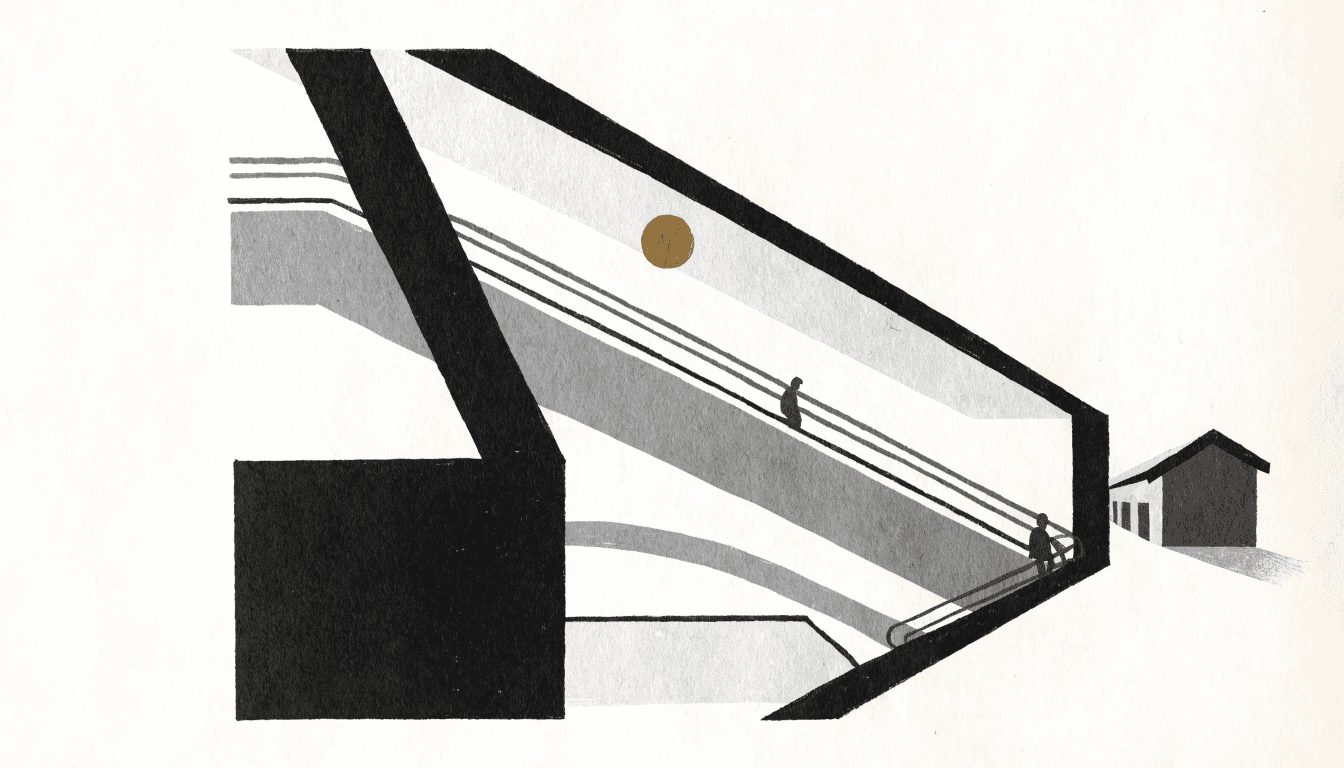Illustration of a department-store escalator rising through a grand terminal-district atrium, with a smaller storefront in the distance.