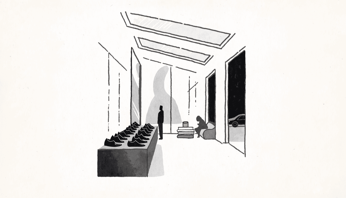Illustration of a menswear floor with a shoe display, a reading corner of stacked books and a car seen through a window