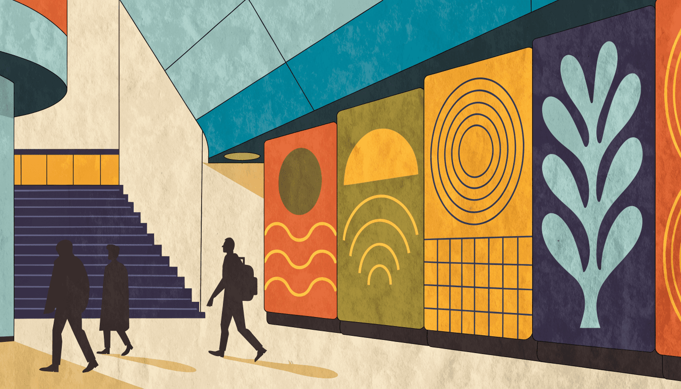 Editorial illustration of a pedestrian underpass lined with colourful student art panels, commuters walking past in silhouette.