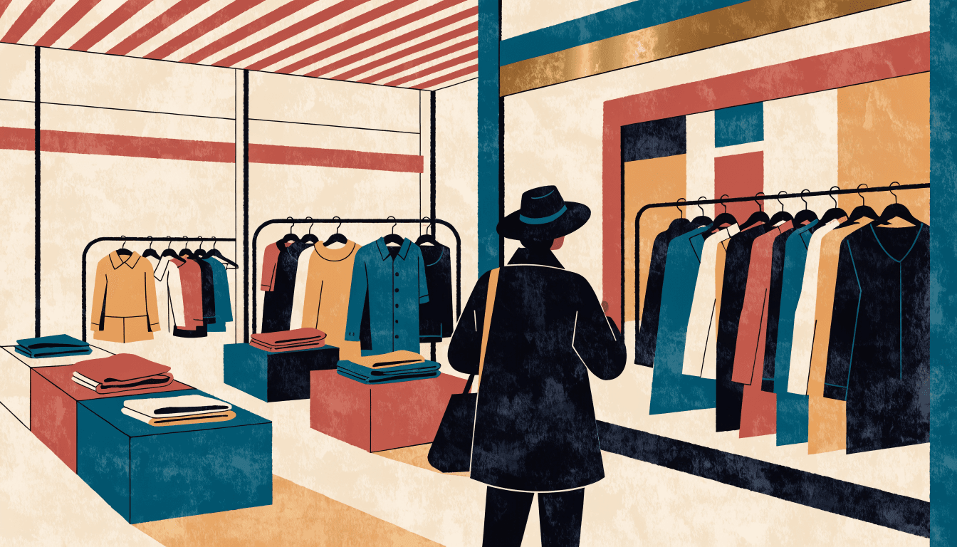 Editorial illustration of a department-store fashion floor styled as an archive hunt — garment racks and low plinths of folded and hung clothing, two silhouette shoppers browsing, in warm editorial colour.
