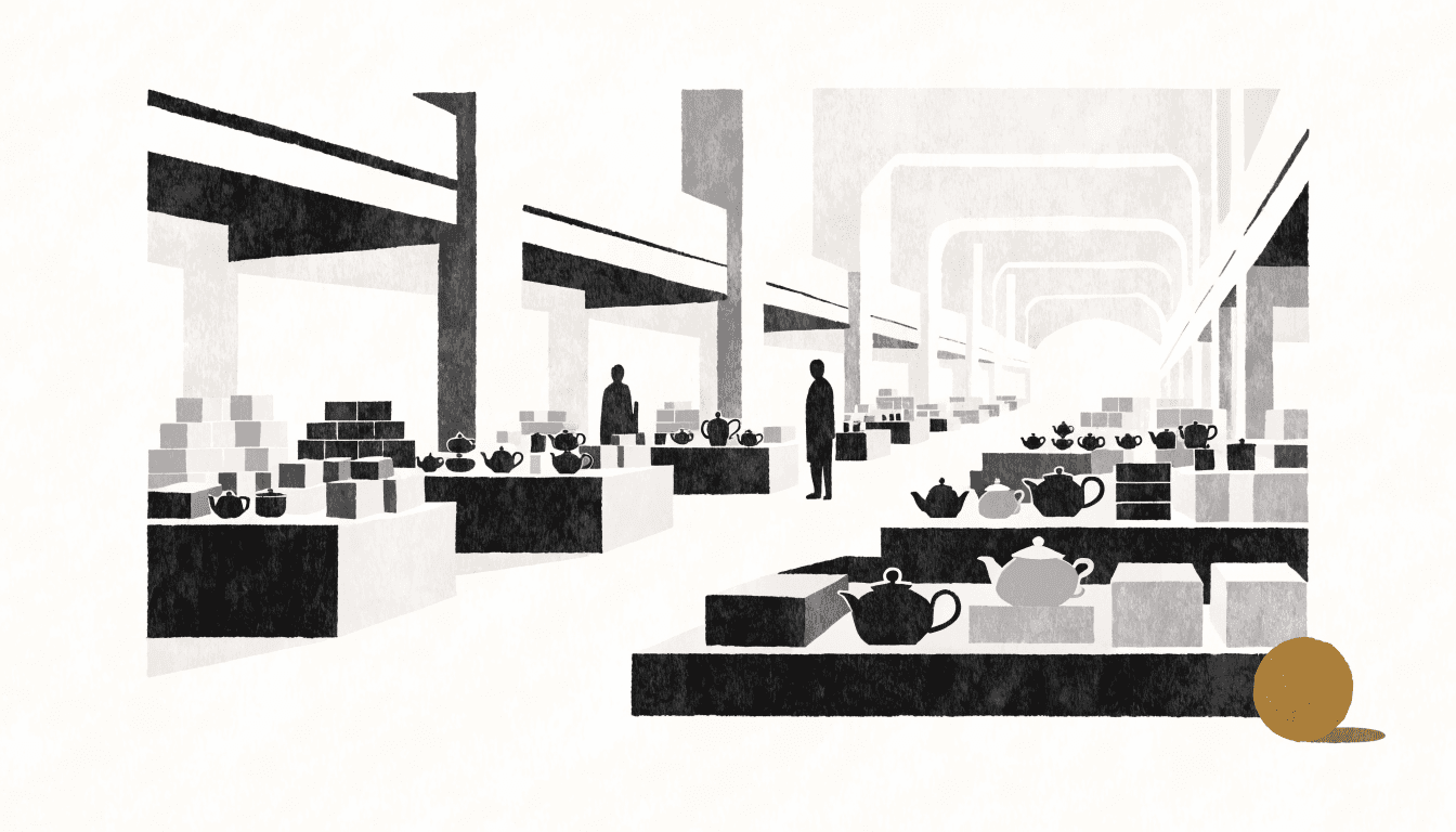Rows of market stalls with teapots and goods inside a department-store exhibition hall