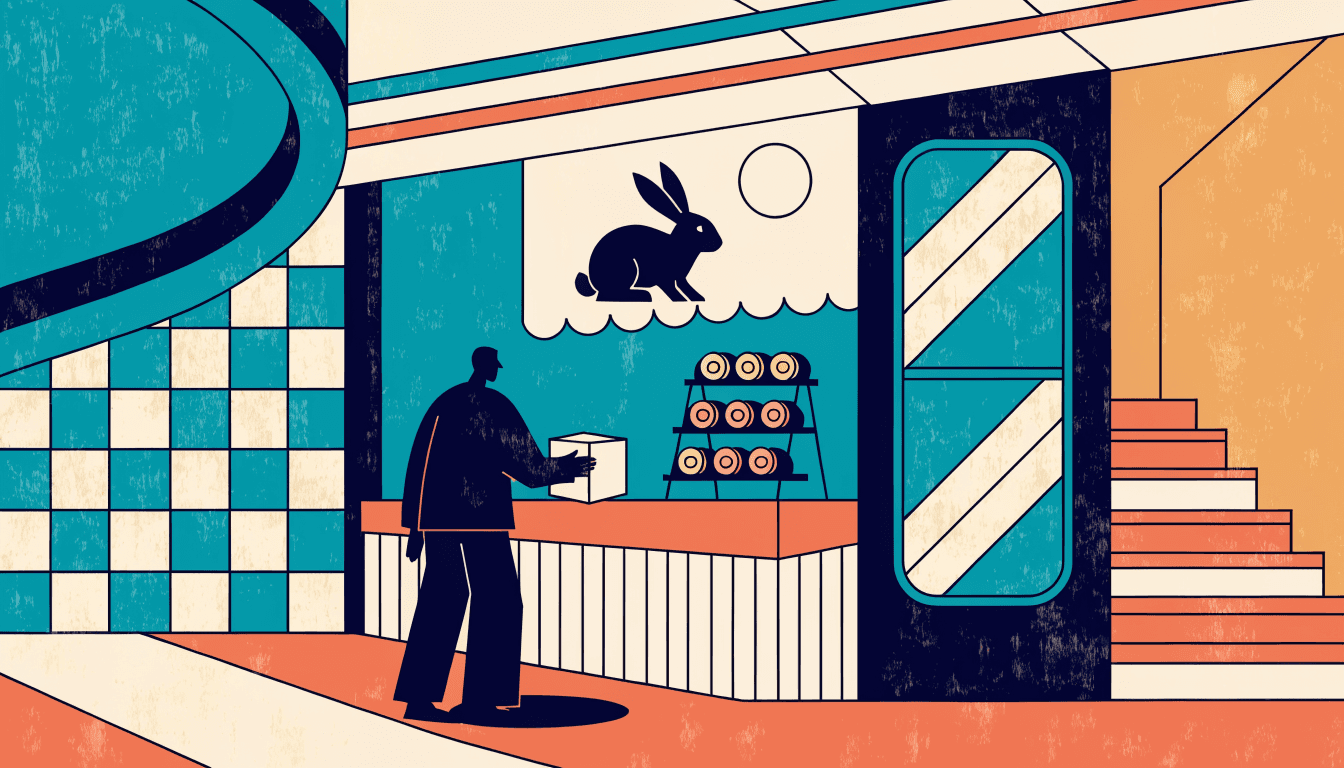 Editorial illustration of a department-store basement food-hall stall, a small tiered display of round pastel mooncakes under a paper moon-and-rabbit motif, a silhouette shopper reaching for a box, warm depachika lighting.