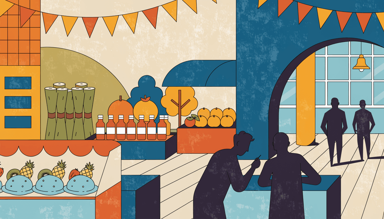 Illustration of a lively department-store food-festival terrace with island-produce stalls, a tasting counter and tropical fruit gelato, visitors sampling food.