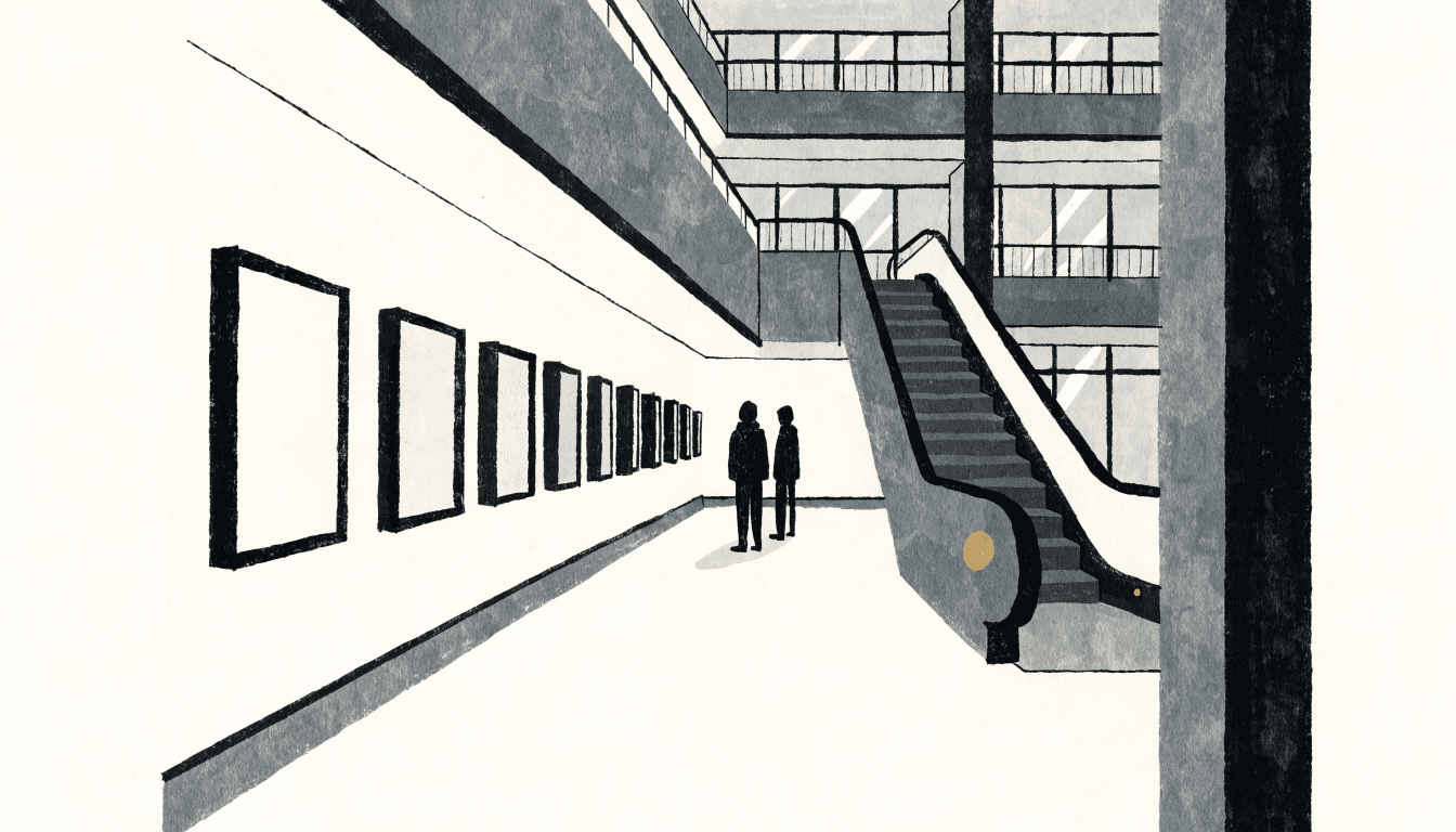 Illustration of two visitors viewing framed artworks along a department-store gallery corridor near an escalator